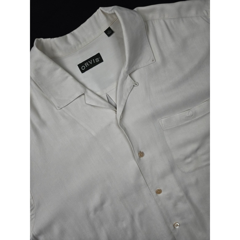 ORVIS Mens XXL Silk Short‎ Sleeve Button Up Shirt Beige Travel Casual Vacation